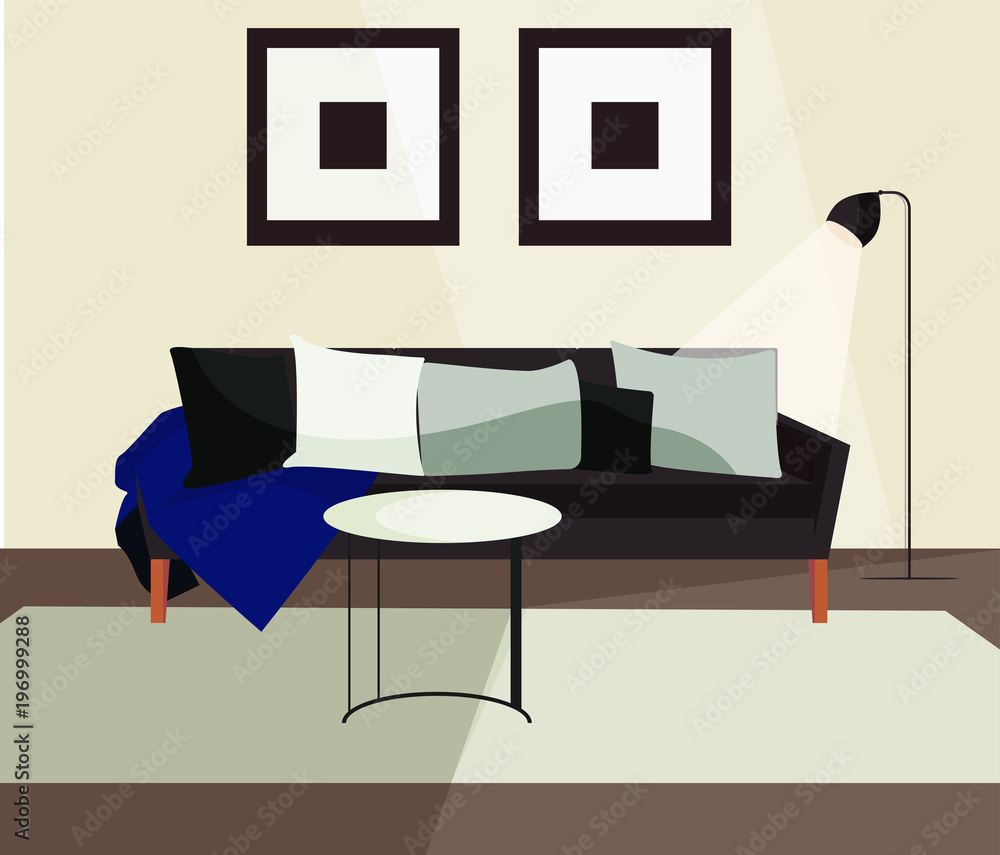 Living room sofa couch scandinavian minimalistic interior. Modern indoor home design with furniture vector illustration, objects pack Living room sofa couch scandinavian minimalistic interior. Modern indoor home design with furniture vector illustration, objects pack