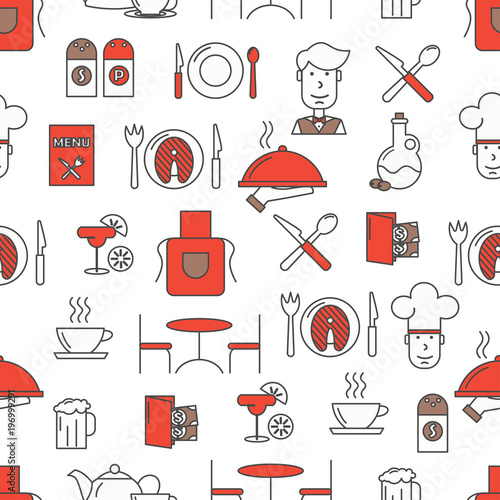 Vector flat line art restaurant seamless pattern