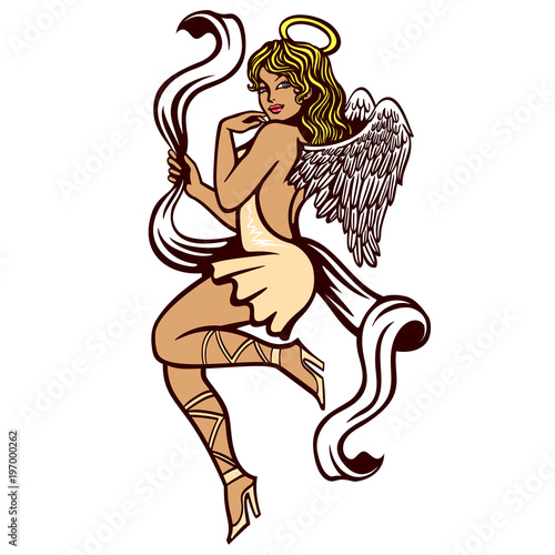 Sexy vintage pinup innocent girl in sensual winged angel outfit with holy saint halo vector illustration