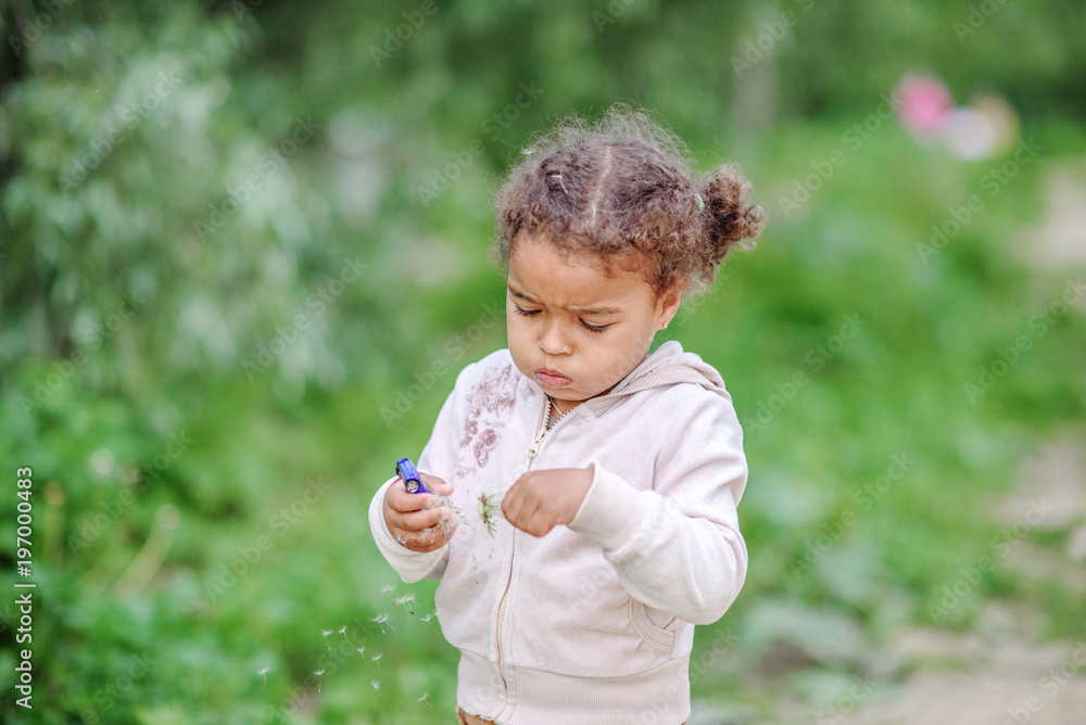 Toddler girl with curly hair playing with yellow dandelions in a blooming spring and summer garden Toddler girl with curly hair playing with yellow dandelions in a blooming spring and summer garden