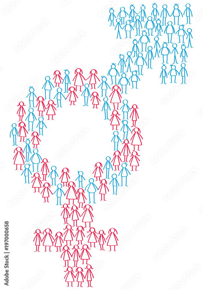 Vector illustration of male and female stick figures standing in shape