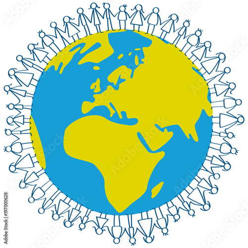 Vector illustration of stick figures children standing around earth globe holding hands isolated on white background