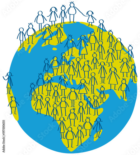 Vector illustration of stick figures people standing on earth globe isolated on white background