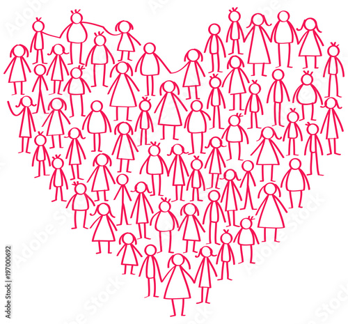 Vector illustration of red male and female stick figures standing in shape of heart symbol isolated on white background