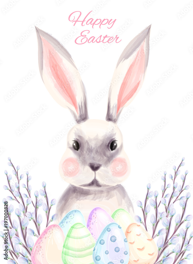 Obraz premium Happy easter poster, hand drawn watercolor illustration. watercolor eggs, bunny and pussy willow branches. Vector illustration