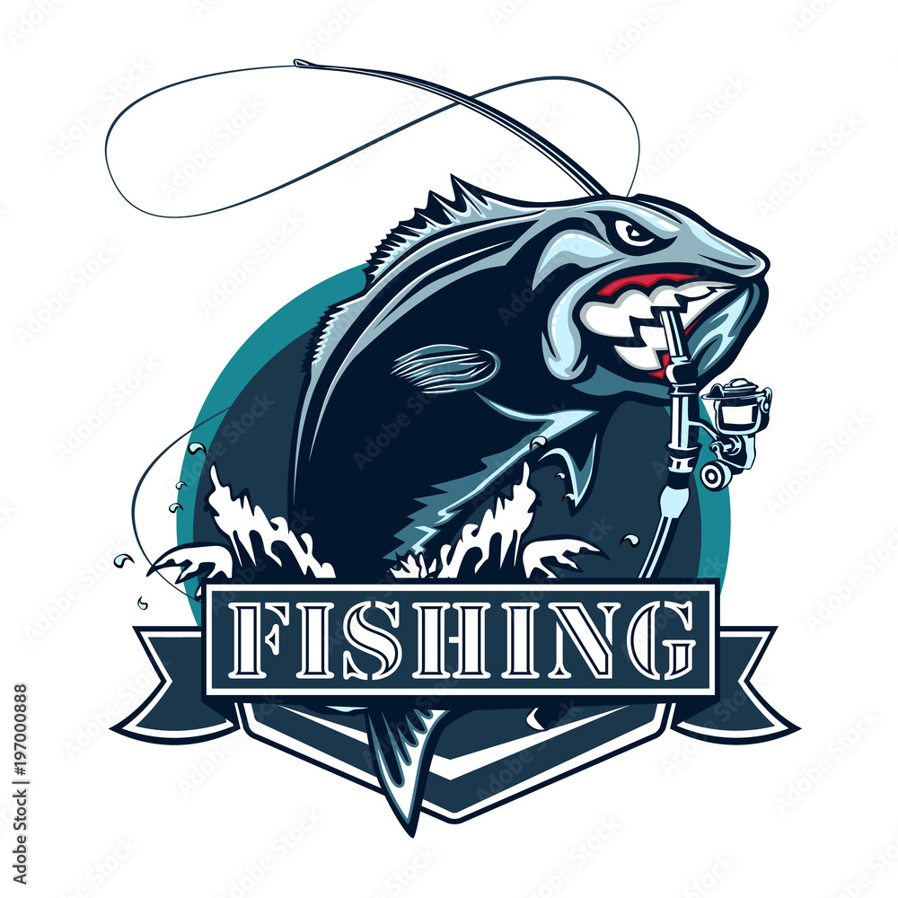 Perch fish and fishing rod logo. Bass fish vector illustration can