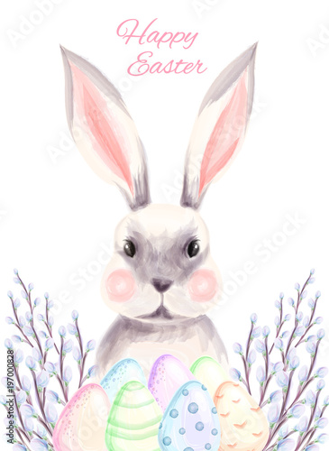 Happy easter poster, hand drawn watercolor illustration. watercolor eggs, bunny and pussy willow branches. Vector illustration