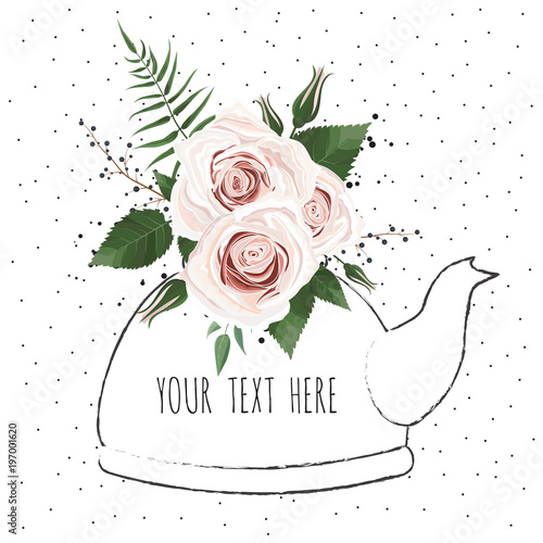 Cute illustration with a bouquet of flowers in a teapot. Vector card.