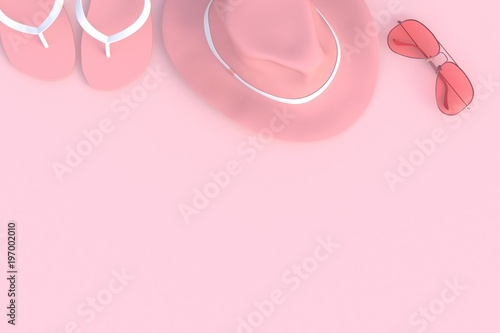 Beach accessories on pink plank, Summer vacation concept, 3D rendering