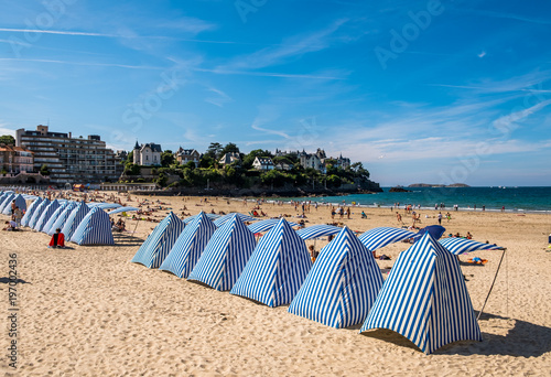 Beach in with striped tents Dinard, Brittany, France
