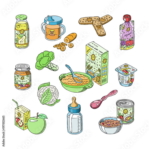 Baby food vector child healthy nutrition and vegetable mashed puree in jar illustration set of fresh juice with fruits apples for childcare health isolated on white background