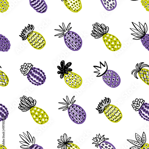 Seamless pineapple pattern. Handdrawn Pinapple with different textures in pas...