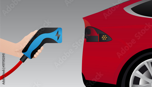 Hand with charging plug. Charging an electric car. Vector illustration