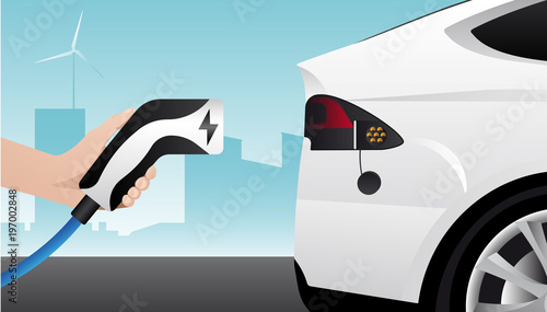 Hand with charging plug. Charging an electric car. Vector illustration