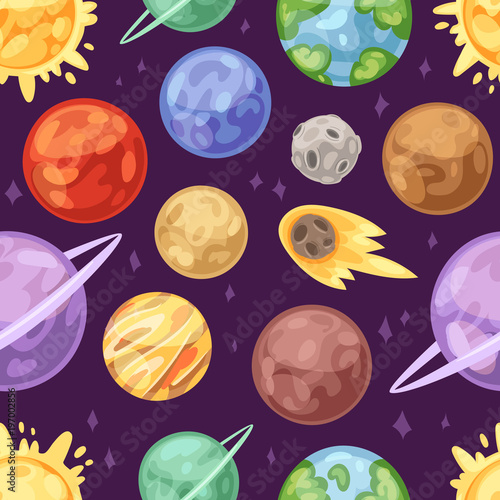 Planet vector planetary system in space with mercury venus earth or mars in planetarium and astronomical illustration set of jupiter saturn or uranus in universe seamless pattern background