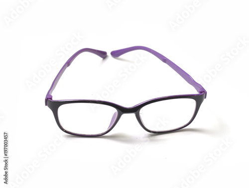 Purple eyeglasses with white background.