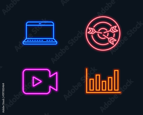 Neon lights. Set of Video camera, Targeting and Notebook icons. Column chart sign. Movie or cinema, Target with arrows, Laptop computer. Financial graph.  Glowing graphic designs. Vector