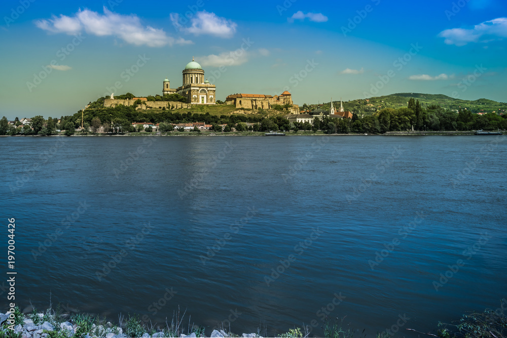 View of the Hungarian historic basilica in Esztergom, the Danube river from the border bridge to the town of Sturovo in Slovakia.