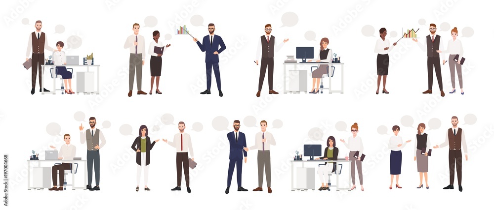 Set of male and female office workers talking to each other. Business people or clerks communicating with colleagues, negotiating, making presentations. Flat cartoon colorful vector illustration. Set of male and female office workers talking to each other. Business people or clerks communicating with colleagues, negotiating, making presentations. Flat cartoon colorful vector illustration.