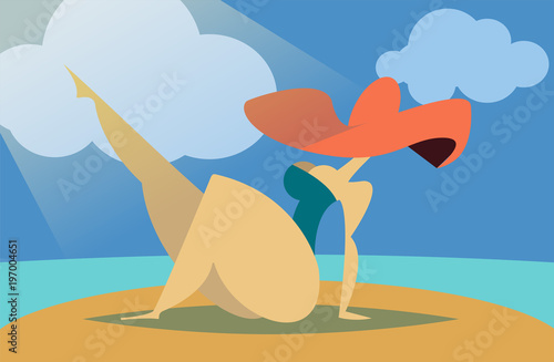 Vector illustration of lady in red hat sunbathing on a beach