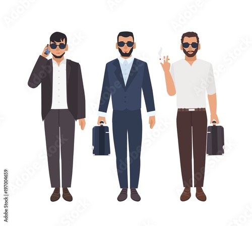 Set of bearded caucasian men dressed in business clothing carrying briefcases, talking on phone, smoking. Cool guys or mafia members. Male characters isolated on white background. Vector illustration.
