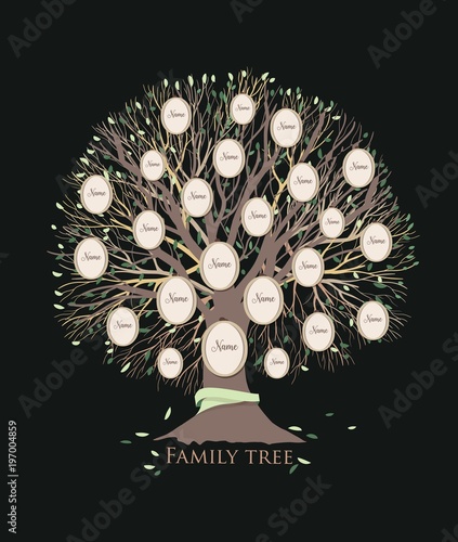 Stylized family tree or pedigree chart template with branches and round photo frames isolated on black background. Ancestry visualization, dynasty ancestors and descendants. Vector illustration.
