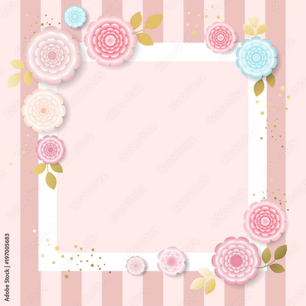 Floral background. Pink flowers. Border. Leaves. Peonies. Square frame. Gradient.