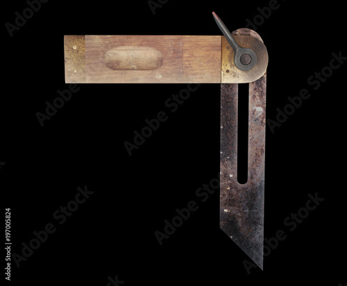 3D illustration of a Grungy Sliding Bevel Gauge, top right angle view on black background