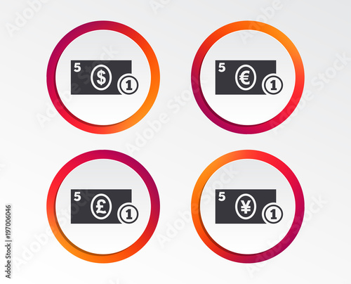 Businessman case icons. Dollar, yen, euro and pound currency sign symbols. Infographic design buttons. Circle templates. Vector