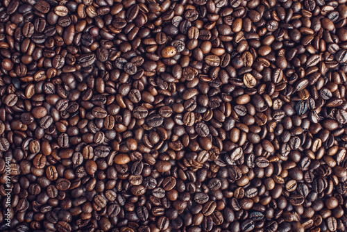 Textured background of coffee beans top view. Concept of the production of fresh aromatic drink.