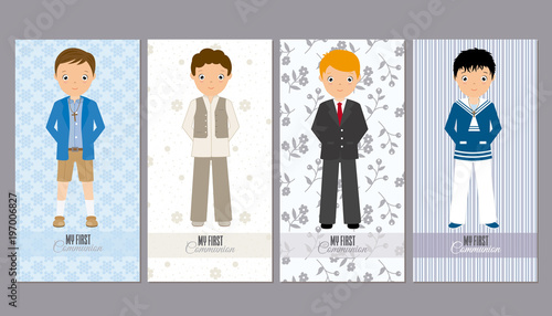 set communion cards. four children's cards dressed in communion clothes