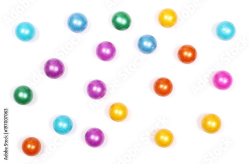 Colorful decorative glass pebbles  balls isolated on white background  top view