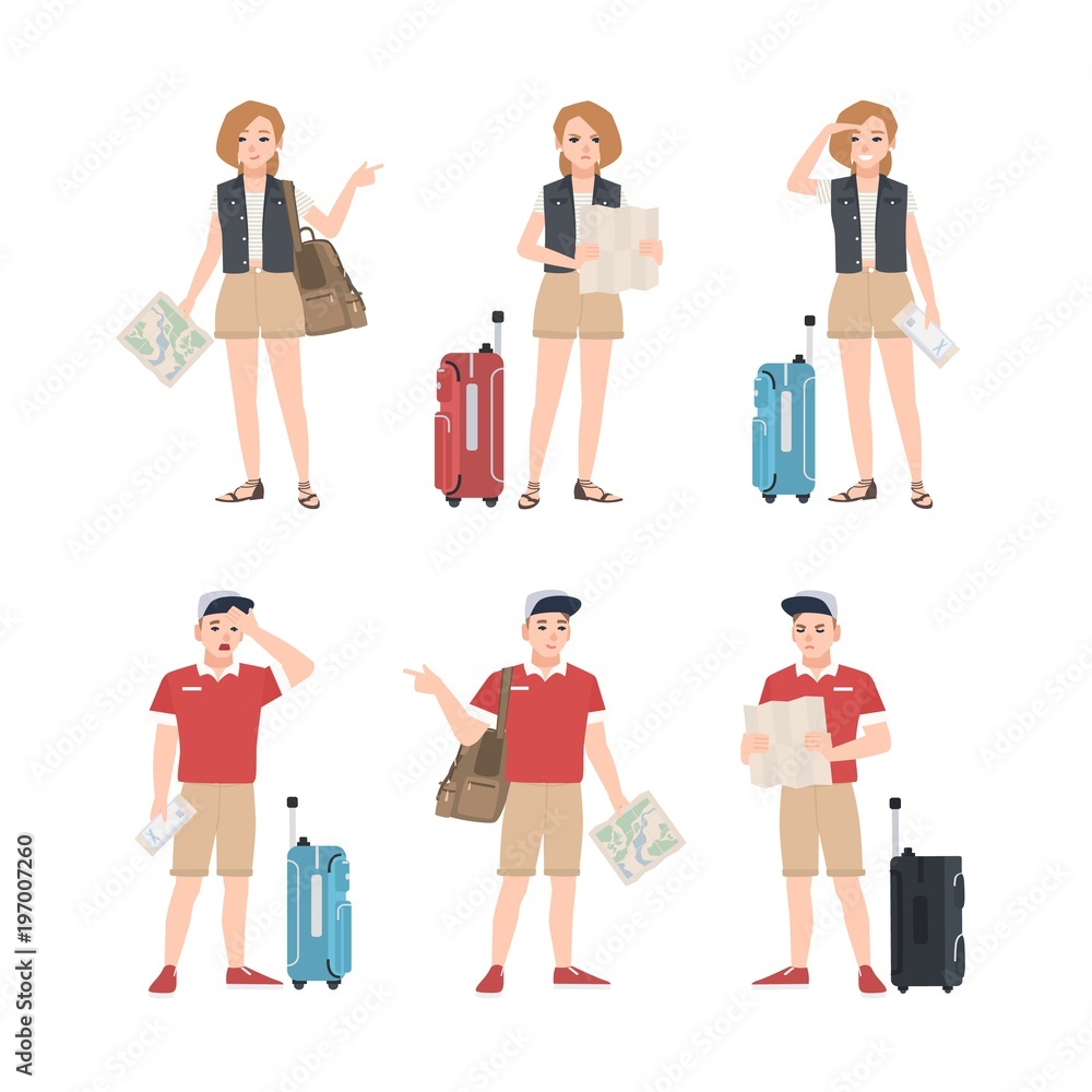 Collection of male and female travelers with map standing in various poses. Set of man and woman tourists trying to find touristic location or destination. Flat cartoon colorful vector illustration.