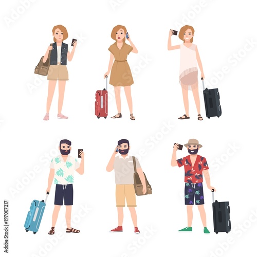 Set of male and female travelers with smartphones standing in various poses. ...