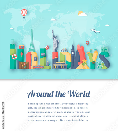 Travel composition with famous world landmarks. Travel and Tourism. Vector