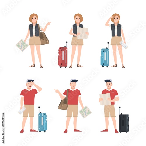 Collection of male and female travelers with map standing in various poses. Set of man and woman tourists trying to find touristic location or destination. Flat cartoon colorful vector illustration.