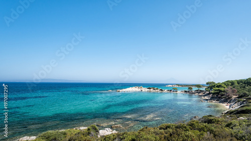 Beautiful scenery overlooking the sea. Greece. Sithonia. The Mediterranean Sea.
