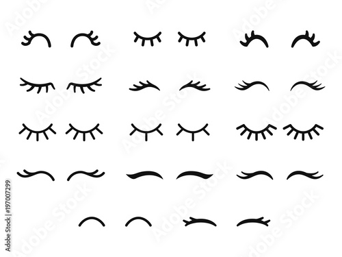 Vector unicorn eyelashes. Cartoon animal eyes. Closed woman eyes. Icon set.