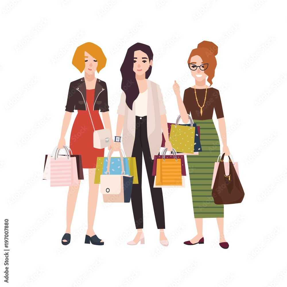 Group of young happy woman holding shopping bags. Girls or female friends with their purchases, shopaholics. Flat cartoon characters isolated on white background. Colorful vector illustration.