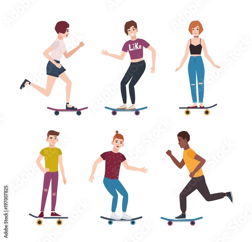 Collection of modern teenage skater boys and girls riding skateboards. Set of young teenagers skateboarding. Cute cartoon characters isolated on white background. Vector illustration in flat style.