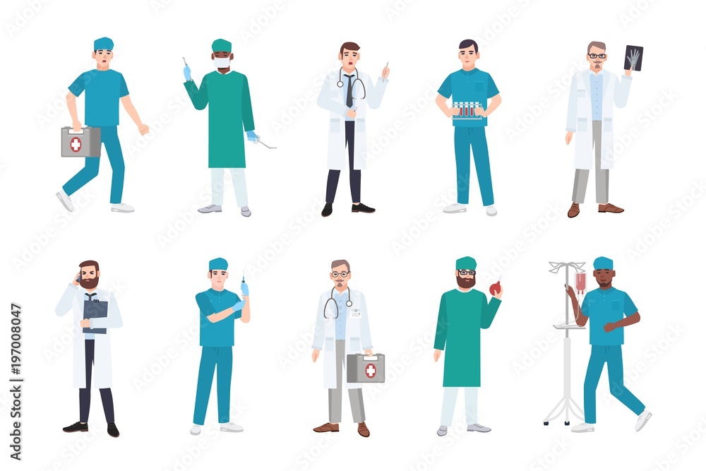 Collection of male medical workers dressed in white coats and scrubs - doctor or physician, paramedic, nurse, surgeon, laboratory assistant, emergency medic. Flat cartoon vector illustration.