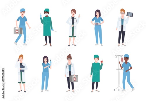 Set of female medical workers. Bundle of women medics dressed in white coats and scrubs - doctor or physician, paramedic, nurse, surgeon, laboratory assistant. Flat cartoon vector illustration.
