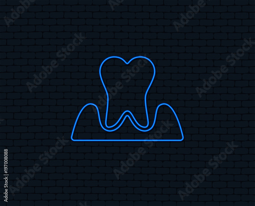 Neon light. Parodontosis tooth icon. Gingivitis sign. Inflammation of gums symbol. Glowing graphic design. Brick wall. Vector