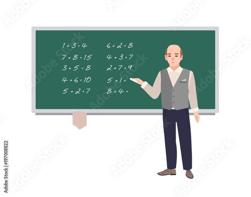 Male school math teacher writing mathematical expressions on green chalkboard. Smiling man teaching mathematics or arithmetic. Cartoon character isolated on white background. Vector illustration.
