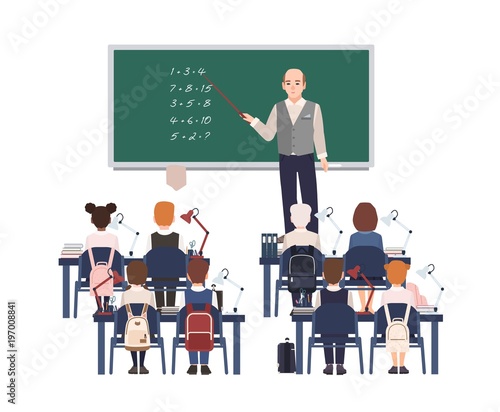 Male math teacher explaining addition to elementary school kids or pupils. Friendly man teaching mathematics or arithmetic to children sitting in classroom. Flat cartoon colorful vector illustration.