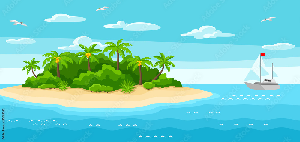 Illustration of tropical island in ocean. Landscape with ocean, palm trees and yacht. Travel background