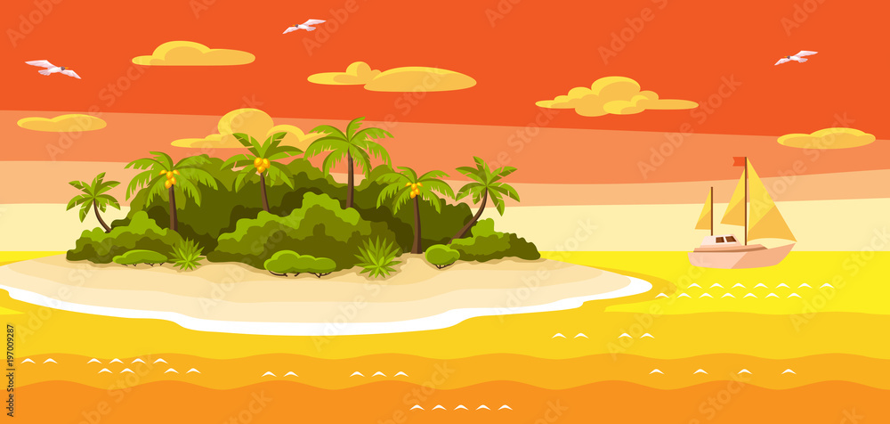 Illustration of tropical island in ocean. Landscape with ocean, palm trees and yacht. Travel background