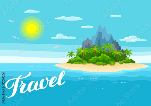 Illustration of tropical island in ocean. Landscape with ocean, palm trees and rocks. Travel background