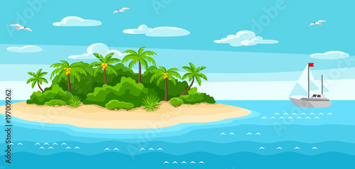 Illustration of tropical island in ocean. Landscape with ocean, palm trees and yacht. Travel background