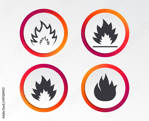 Fire flame icons. Heat symbols. Inflammable signs. Infographic design buttons. Circle templates. Vector